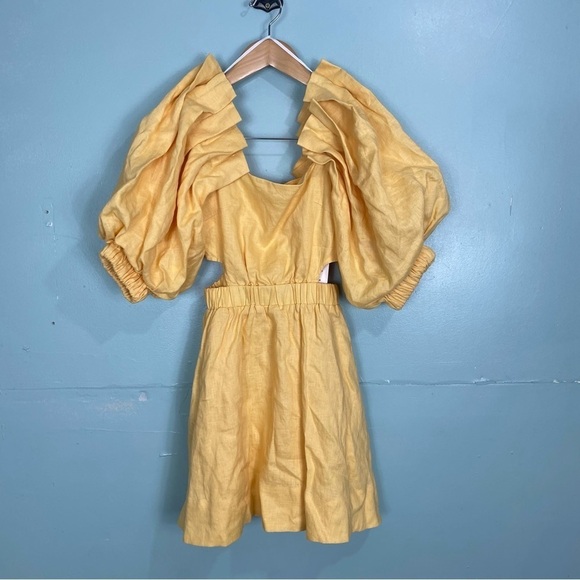 Sovere Noble Mini Dress Cut Out Puff Sleeve Buttercup Yellow‎ Sz XS - Picture 2 of 6